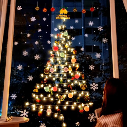 제이토리 크리스마스 벽트리 세트 50구 100구 앵두전구 코튼볼 창문 트리 전구 조명 눈꽃 스티커 장식 용품 리모컨 USB 건전지 혼용 벽트리도안, 혼합색상