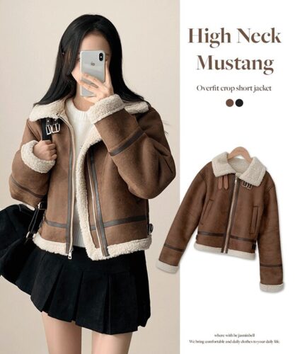 자스민벨 윈더 하이넥 버클 양털안감 오버핏 무스탕 크롭 숏자켓 겨울아우터 따뜻한아우터 연말룩